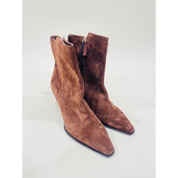 Suede Ankle Boots Pointed Toe Block Heel Zip Up Brown Women's Shoes - Picture 1 of 4